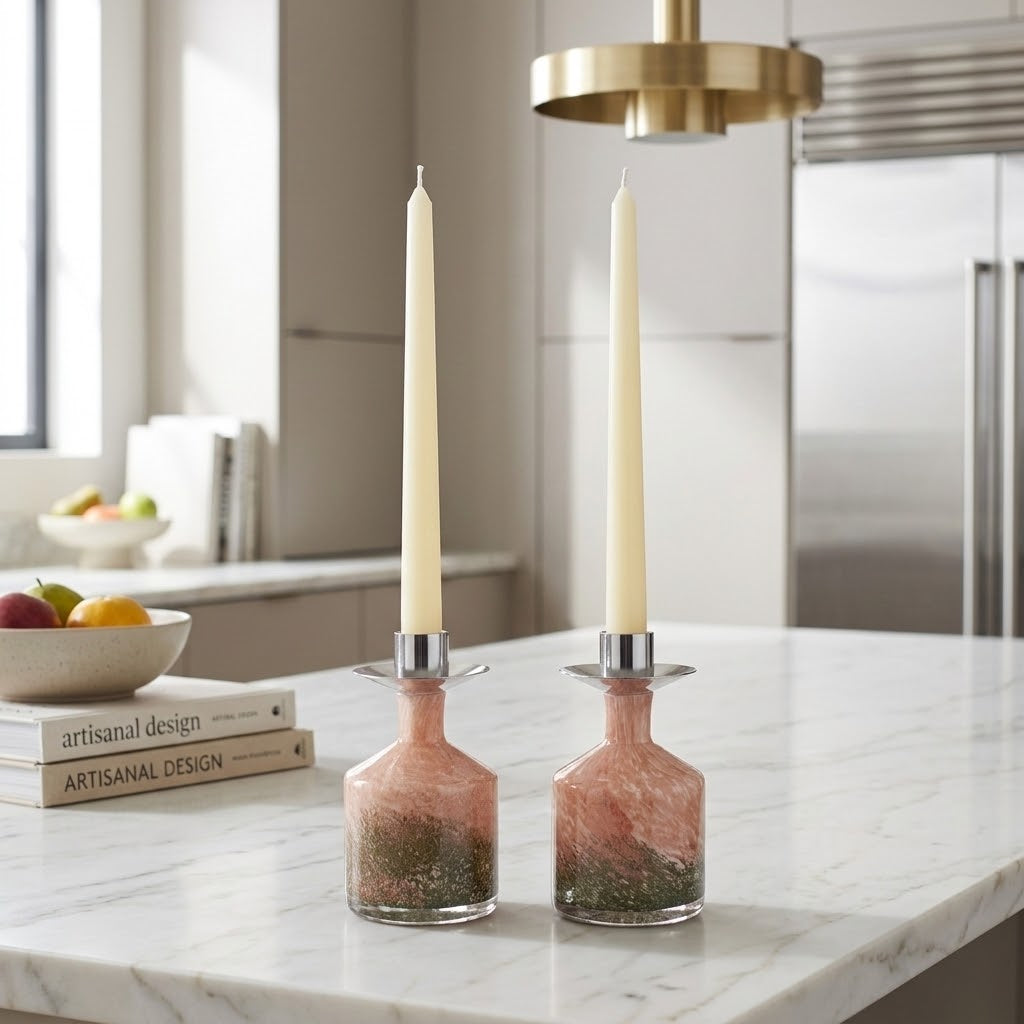Pair of Taper Candle Holders in Evergreen Blush