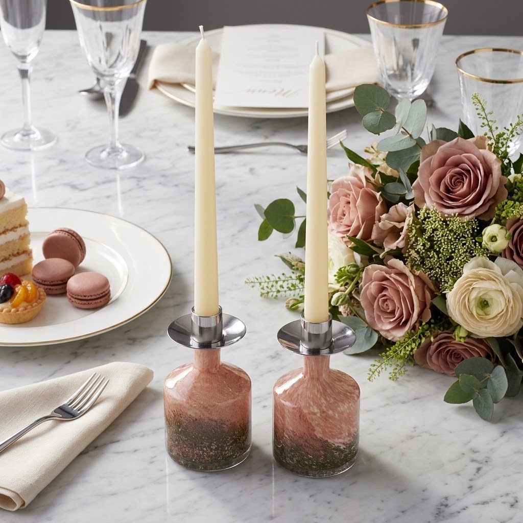 Pair of Taper Candle Holders in Evergreen Blush