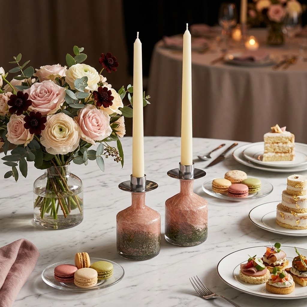 Pair of Taper Candle Holders in Evergreen Blush